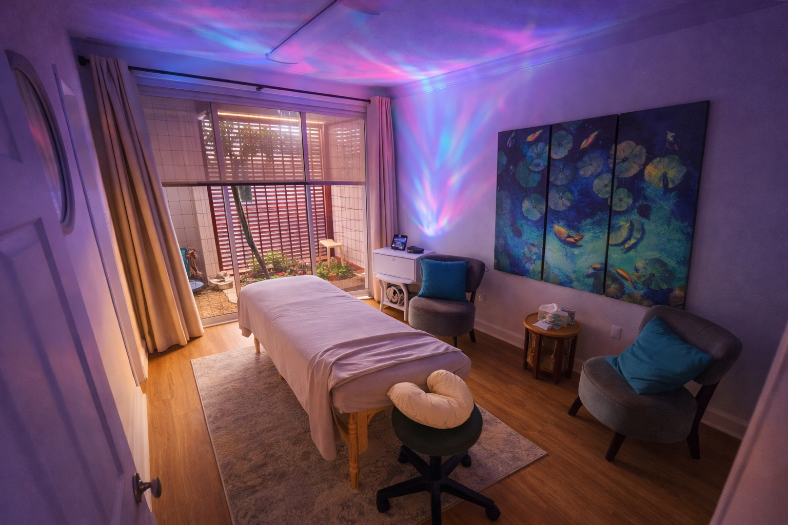 A peaceful Self-Care Center treatment space