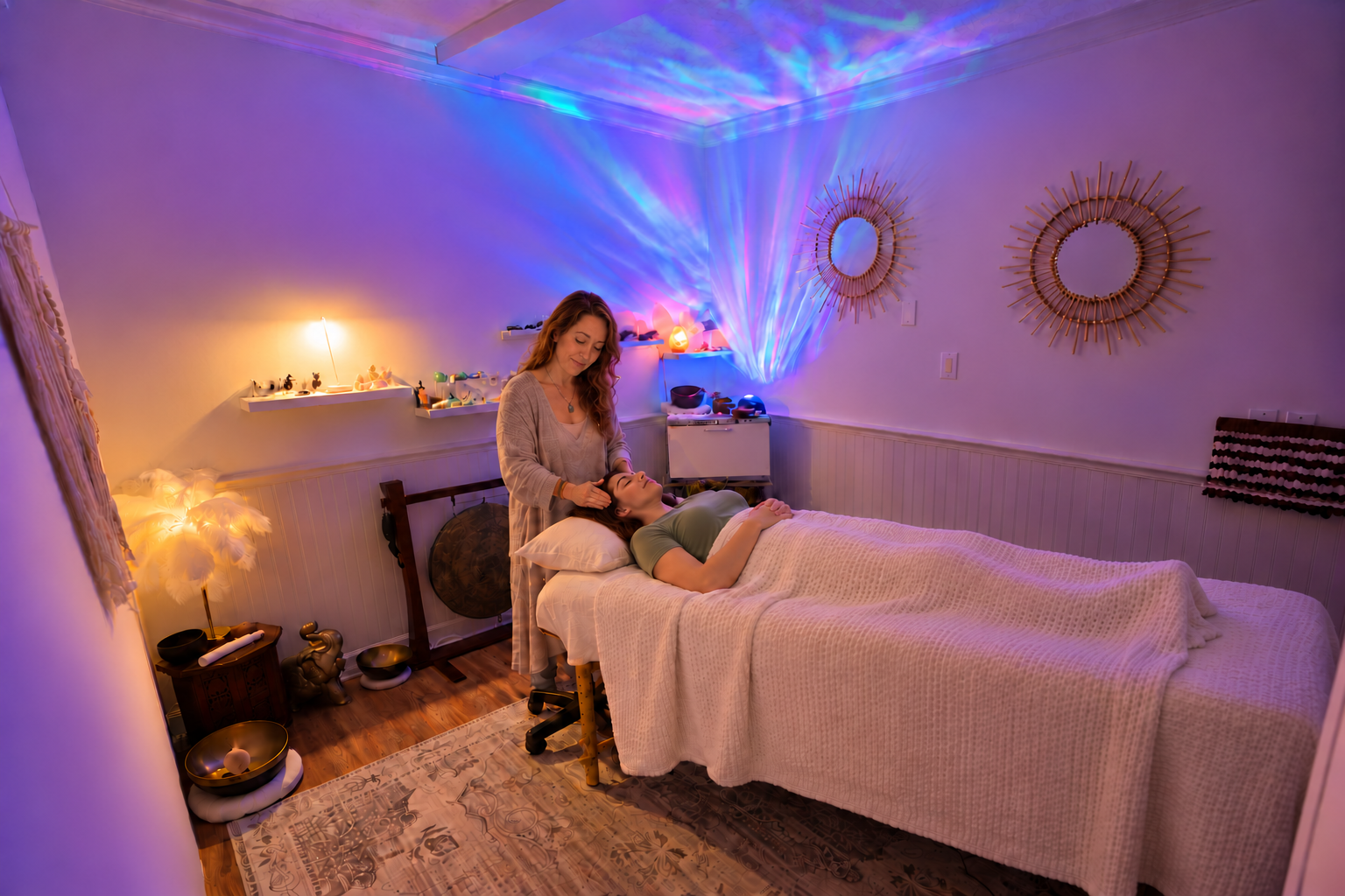 Heather offering Reiki to a woman resting comfortably in the treatment room