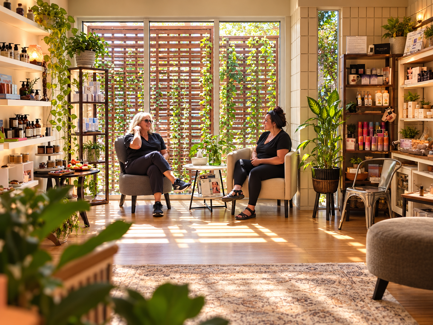 Sunlit boutique conversation nook at the Self-Care Center